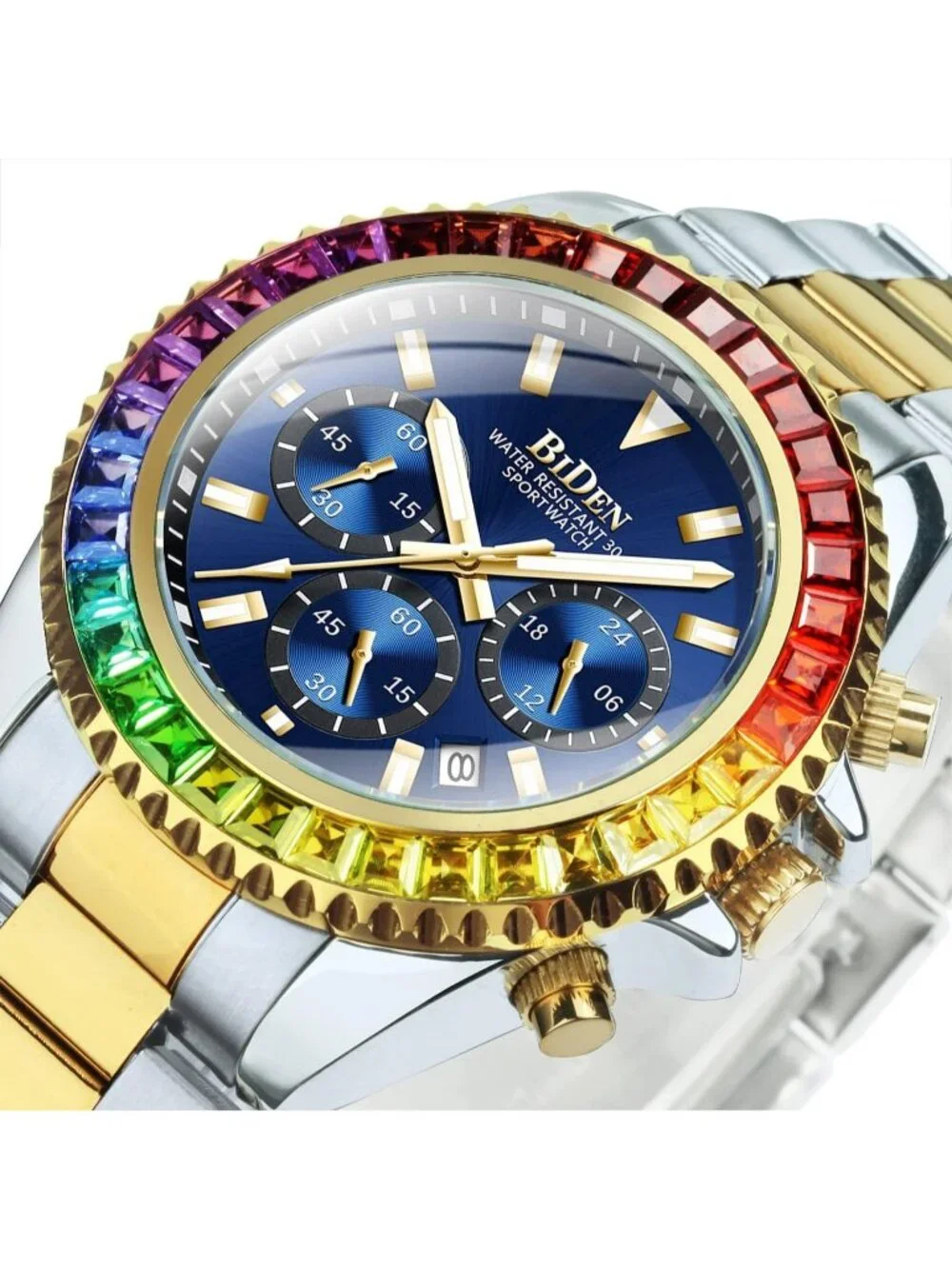 Men's Silver Gold Blue Luxury Stainless Steel Analog Chronograph Classic Watch